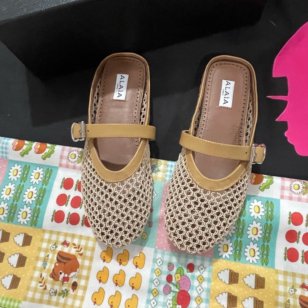Alaia Beige Crochet Mary Jane Flats with Tan Trim